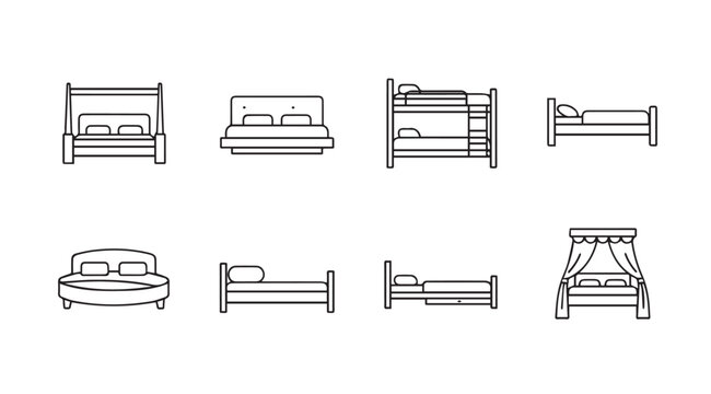 Collection of Bed Icons: Canopy, Bunk, Four-Poster, Round, and More - Stock Media