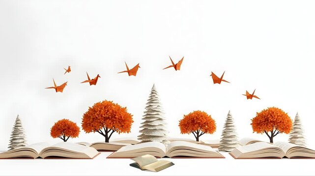 Open book pages arranged as landscape scene transforming into autumn trees with flying paper birds in minimal white environment seamless looping 4k time-lapse animation video background. Education con