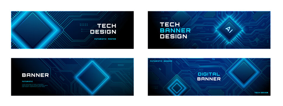 Modern tech banner set with circuit patterns and AI elements. Four digital templates featuring blue abstract backgrounds, glowing data lines, and futuristic design for business presentations. Vector