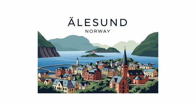 Norwegian coastal town with colorful buildings, bay, and mountains