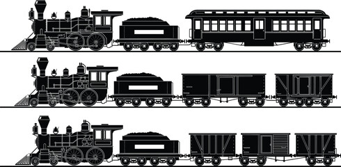 Classic, black silhouette vector illustration of vintage steam locomotive trains, featuring coal tenders, passenger cars, and freight boxcars on tracks. © RABBI
