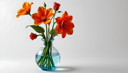 Fototapeta premium A vase filled with water and vibrant orange flowers, placed against a minimalist background.