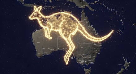 Fototapeta premium Australia Kangaroo Light Map Illustration – Glowing Animal Outline on Country Map Representing National Wildlife Symbol