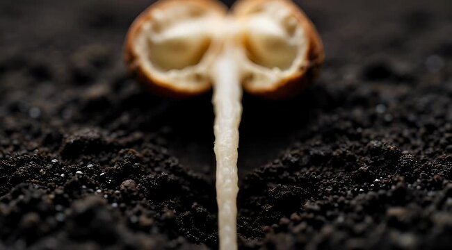 Detailed time-lapse seed sprouting soil macro closeup showing a peanut shell splitting open as a white root emerges and grows into the dark earth.