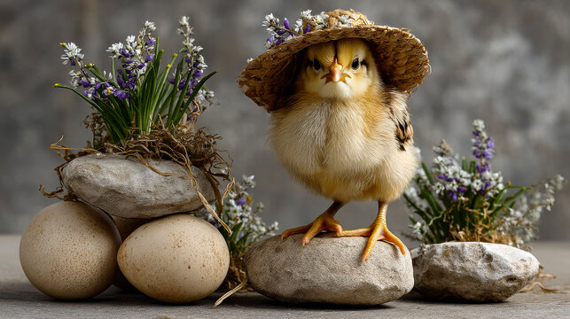 Chick with a hat near eggs and flowers. A chick wears a straw hat while standing near rocks and eggs with flowers around. It is springtime in a garden setting.