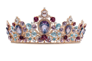 Ornate royal crown with colorful gemstones isolated on transparent background. Elaborate crown with colorful gemstones and diamonds on gold isolated on white background.