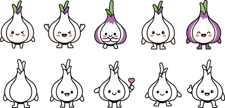 Cute cartoon onions with different facial expressions and gestures