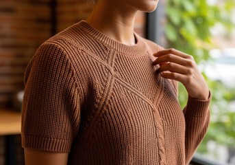 Woman adjusting brown knitted sweater with cable pattern outdoors in natural light for fashion lifestyle	