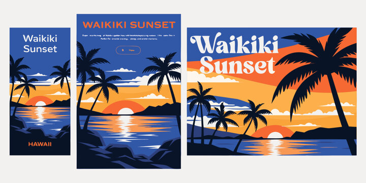 USA, US, U.S, United States - Waikiki Sunset SVG &ndash; Tropical Hawaii Beach Gradient Vector Design for USA Coastal Travel, Summer Decor & Craft Projects
