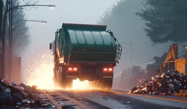 Garbage truck on road. Rubbish accumulated in street. Hygiene problem