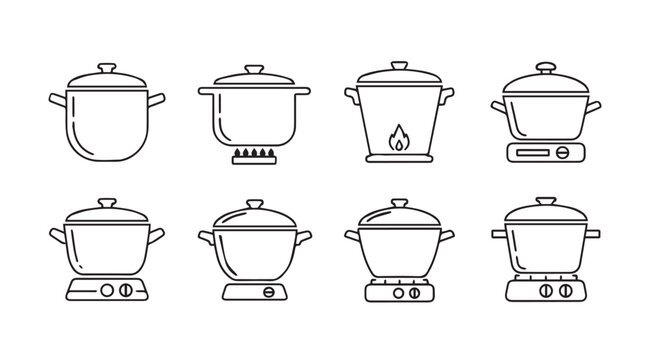 Collection of cooking pots and stovetops icons, line art, kitchenware, cooking equipment