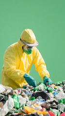 Worker in safety gear meticulously sorting through waste at a modern recycling facility vertical - green background