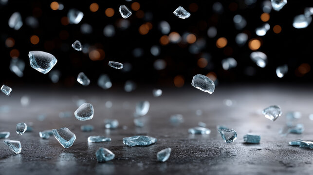 Broken glass scattered on the ground. Shattered pieces of glass lay on a dark surface with blurred lights in the background during nighttime.