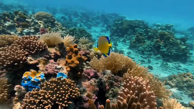 Vibrant angelfish swimming amidst colorful coral reef ecosystem underwater shot with turquoise water and sunlit seabed background