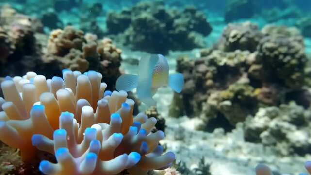 Underwater world vibrant anemone fish exploring coral reef biodiversity marine life scenery tropical ocean ecosystem symbiotic relationship clear turquoise water
