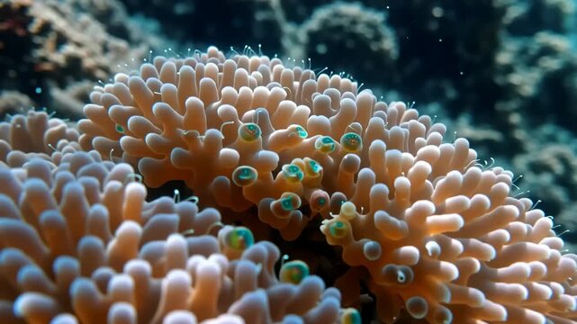 Vibrant coral reef ecosystem close up,colorful polyps and tentacles underwater,marine biodiversity,ocean conservation,marine life exploration