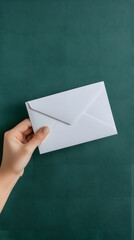 Woman Hand Holding White Envelope on Dark Green Background