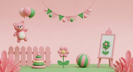 パステル色でのぬいぐるみと遊具の穏やかな背景シーン