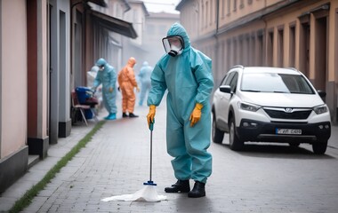 Worker conduct safety operations in protective suits. Generative AI