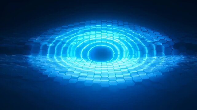 Mysterious blue energy ring emanating from a field of hexagonal tiles