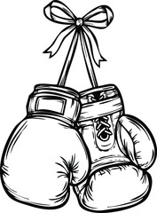 Boxing Gloves Hanging with Ribbon Bow Isolated on White Line Art