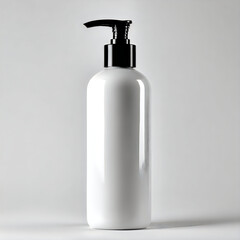 A white bottle with a black pump on a plain background for cosmetic product
