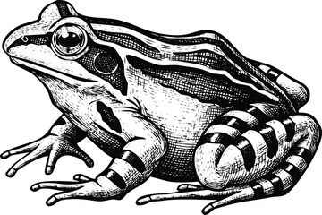 Detailed Ink Drawing of a Frog with Striped Legs on White Background