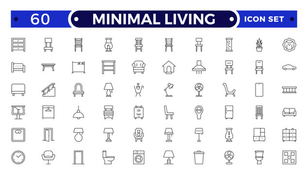 Minimal Living outline icon set. vector thin line outline symbols for ui/ux app and web interfaces. minimal stroke collection including clothes hanger, bookshelf, standing, decoration.