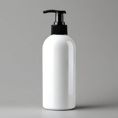 A white plastic bottle with a black pump on a gray background for cosmetic products