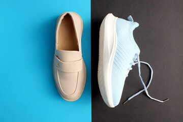 Casual shoes and sports shoes are displayed on blue and black backgrounds.