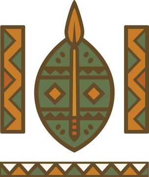 African Tribal Shield and Spear Vector Illustration with Geometric Ethnic Pattern