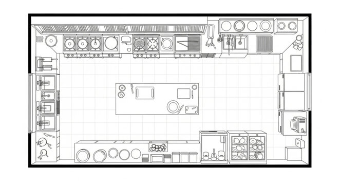 Detailed architectural blueprint of a commercial kitchen layout with various equipment and workstations.