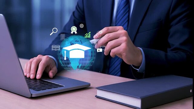 Global Online Education Technology Concept with AI, E-Learning and Digital Knowledge