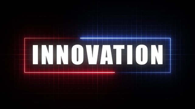 Neon glowing INNOVATION text inside a blue and red rectangular frame on a dark grid background ideal for innovation, creativity, new, idea, concept