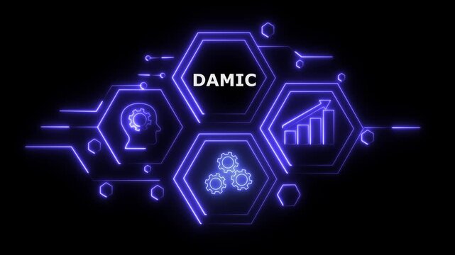 Futuristic Abstract Neon HUD Interface with Knowledge and Business Gear Icons Featuring a Glowing &ldquo;DAMIC&rdquo; Button in German on Digital Wave Technology Background &ndash; 4K Animation