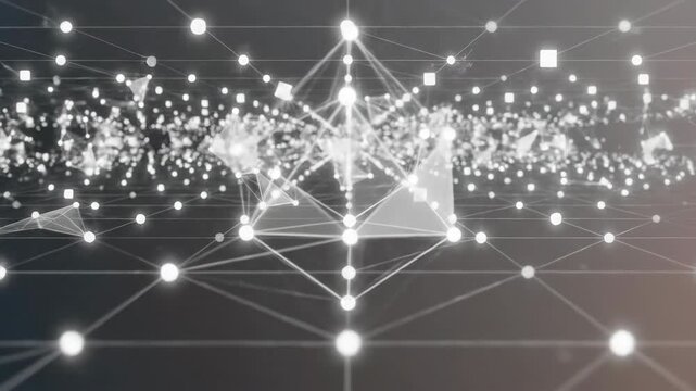 Futuristic network connections seamlessly displaying data flow in digital space with geometric shapes and artificial intelligence implications