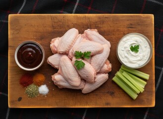 Raw Chicken Wings Arranged on a Wooden Cutting Board with Barbecue Sauce Ranch Dip Celery Sticks and Seasonings Overhead View