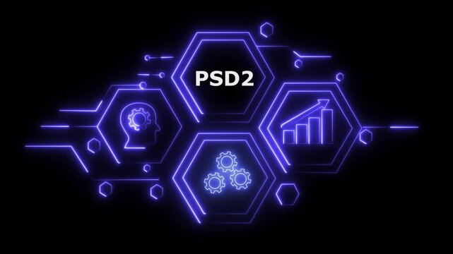 Futuristic Abstract Neon HUD Interface with Knowledge and Business Gear Icons Featuring a Glowing &ldquo;PSD2&rdquo; Button in German on Digital Wave Technology Background &ndash; 4K Animation