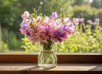 Pastel Sweet Pea Flower Arrangement in Glass Vase Illuminated by Soft Sunlight on a Wooden Sill with Blurred Green Garden Background