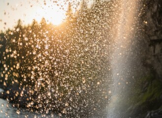 Golden Hour Sunbeams Illuminate a Misty Waterfall Spray Amidst Lush Forest Foliage in the Pacific Northwest