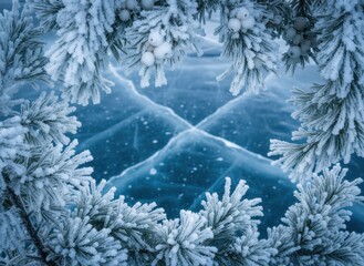 Framed Winter Landscape Showing Intricate Ice Patterns on Frozen Lake Surrounded by Frost Covered Pine Branches Under Soft Natural Light