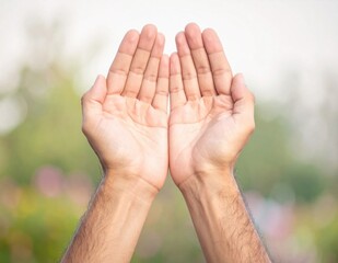 Open Male Palms Reaching Upwards in a Gesture of Giving Receiving or Praying Outdoors with Soft Green and Pink Bokeh Background Natural Light