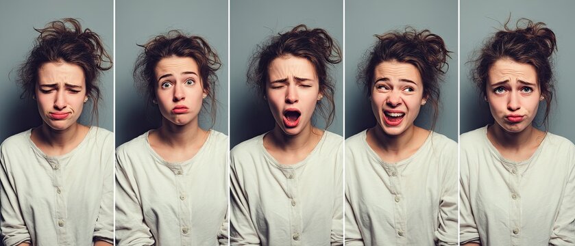 Portrait of a young woman expressing different emotions.