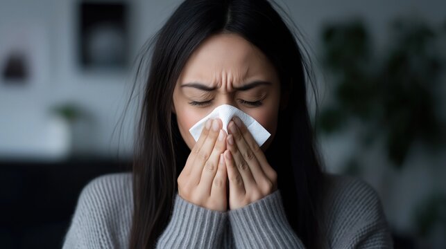 Woman feeling unwell, covering nose and mouth with a tissue while having a sneeze, portraying symptoms of an illness like cold, flu, or seasonal allergies
