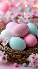 Obraz premium Colorful eggs in a nest with flowers. Easter eggs are arranged in a nest surrounded by cherry blossom flowers on a pink background, creating a festive scene.