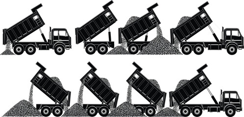 Collection of black dump truck silhouettes in various unloading positions with gravel and sand piles isolated on white background for constructionCollection of  © RABBI