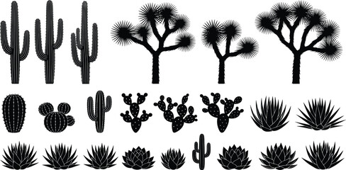 Collection of African savanna wildlife silhouettes including giraffe elephant zebra lion rhino and acacia trees isolated on white background for safariCollection background for safari © RABBI