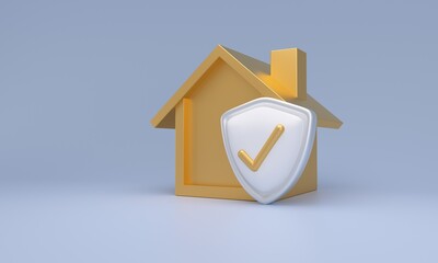 Golden house model protecting with shield checkmark