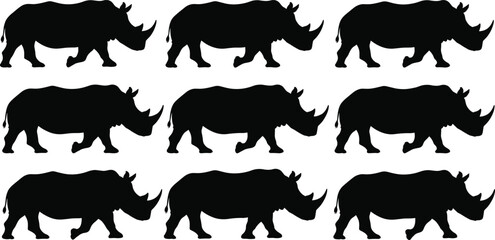 Collection of black rhinoceros silhouettes in various walking and standing poses isolated on white background for wildlife safari and conservation designsCollection  © RABBI