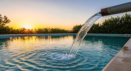 Luxury resort swimming pool water splash at golden sunset with tropical palm trees background	